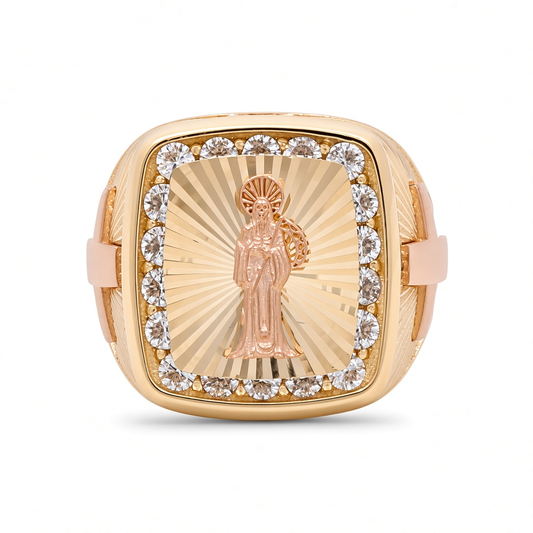 14K Yellow and Rose Gold Santa Muerte Men's Ring with White Cz / Size: 11 / Weight: 10.1 GR / DQMRTT4FS-1
