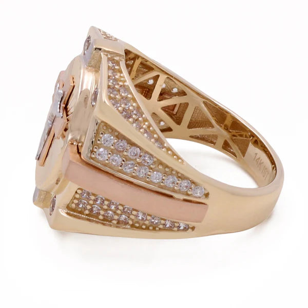 14K Tricolor Gold Jesus on the Cross Men’s Ring / CZ / Size 10 / Weight: 8.3 GR / COMR3T4CRS