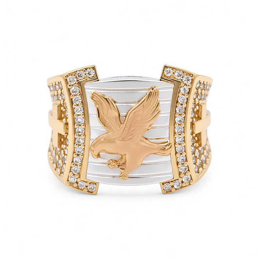 14K Yellow, White and Rose Gold Eagle Men's Ring with Cz / Size: 10.5 / Weight: 9.1 GR / COMR3T4EG-1