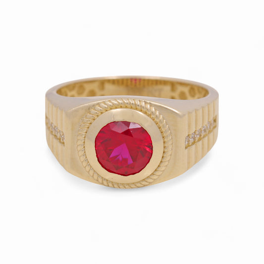 Anillo de oro amarillo de 14 quilates con circonitas rojas para hombre / Tamaño: 10 / Peso: 5 gr / COMR4FS-66