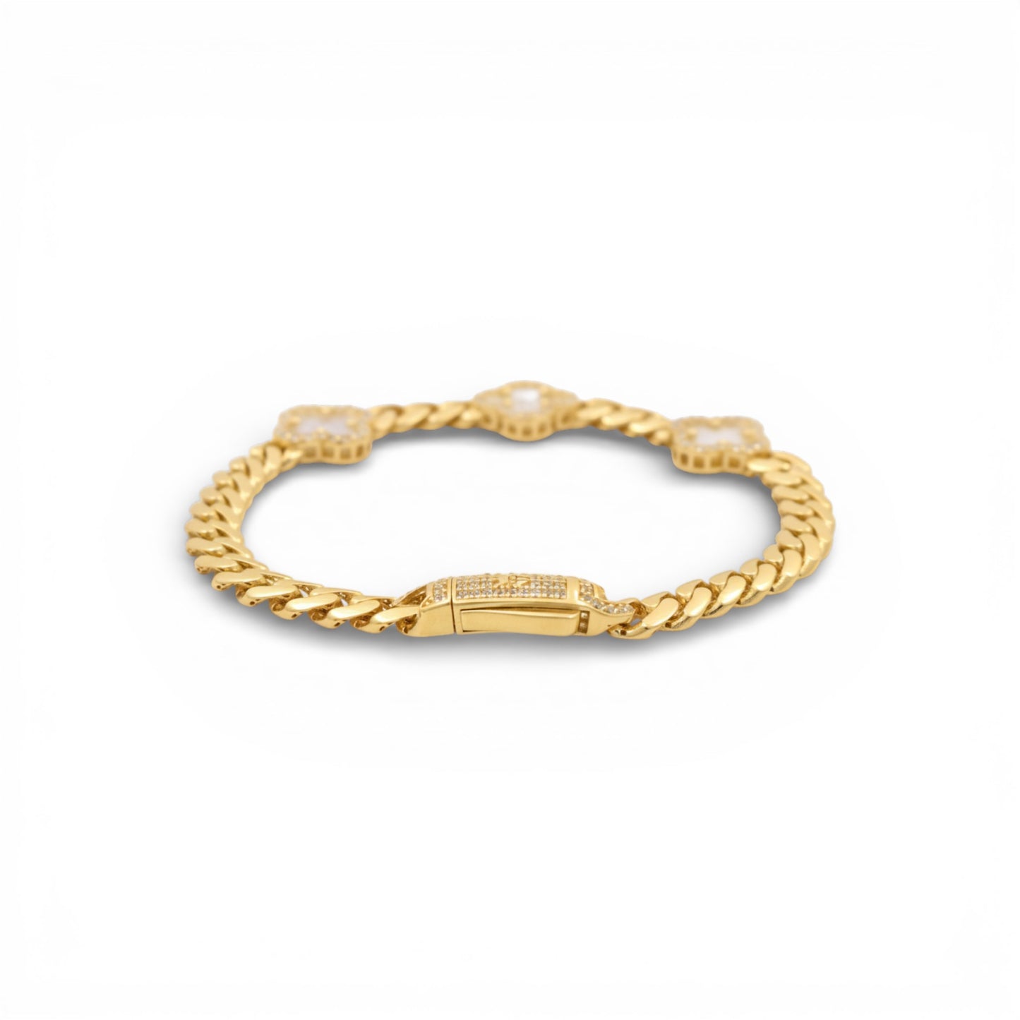 10K Yellow Gold Monaco Women's Bracelet with Three Mother of Pearl Clovers / Cz / Size: 7.25" / Weight: 11.4 GR / DOWB0MONCLV-1