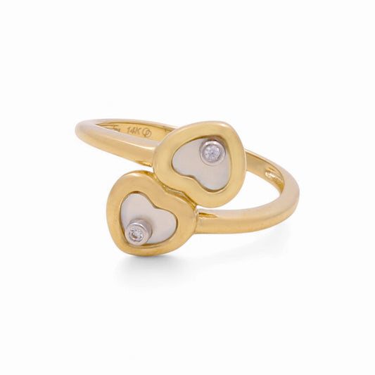 14K Yellow Gold Two Hearts Women's Ring with Mother of Pearl and Cz / Size: 7 / Weight: 2.3 GR / KEEWR4HR-1