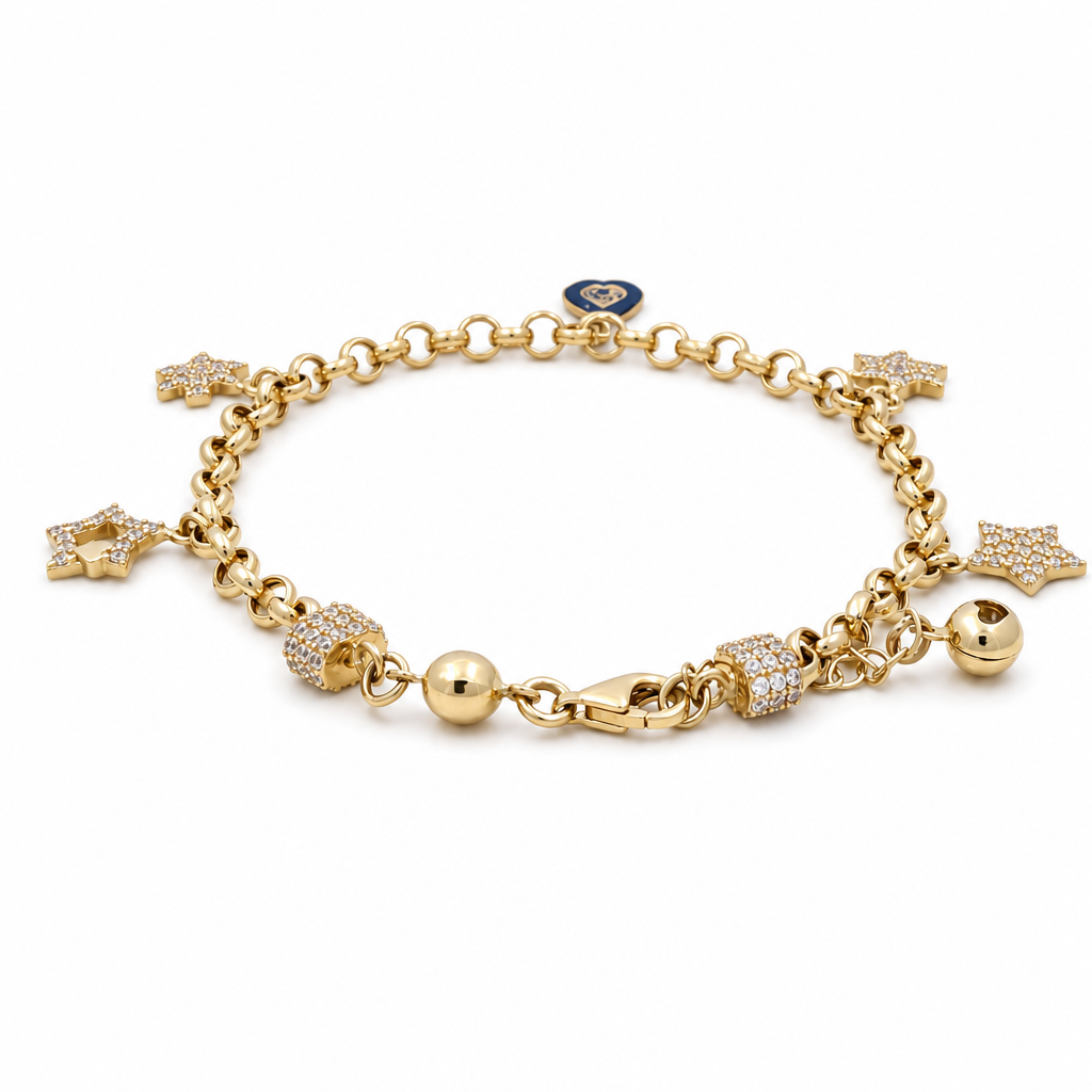 14k Yellow Gold Rolo Link Women's Bracelet with Charms and Cz / Size: 7.5" / Weight: 7.3 GR / CCFWB4FS-14