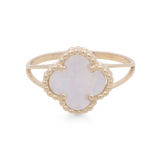 Anillo de trébol blanco de moda para mujer en oro amarillo de 14 quilates / Peso: 2,2 GR / BOWR4CLV-10