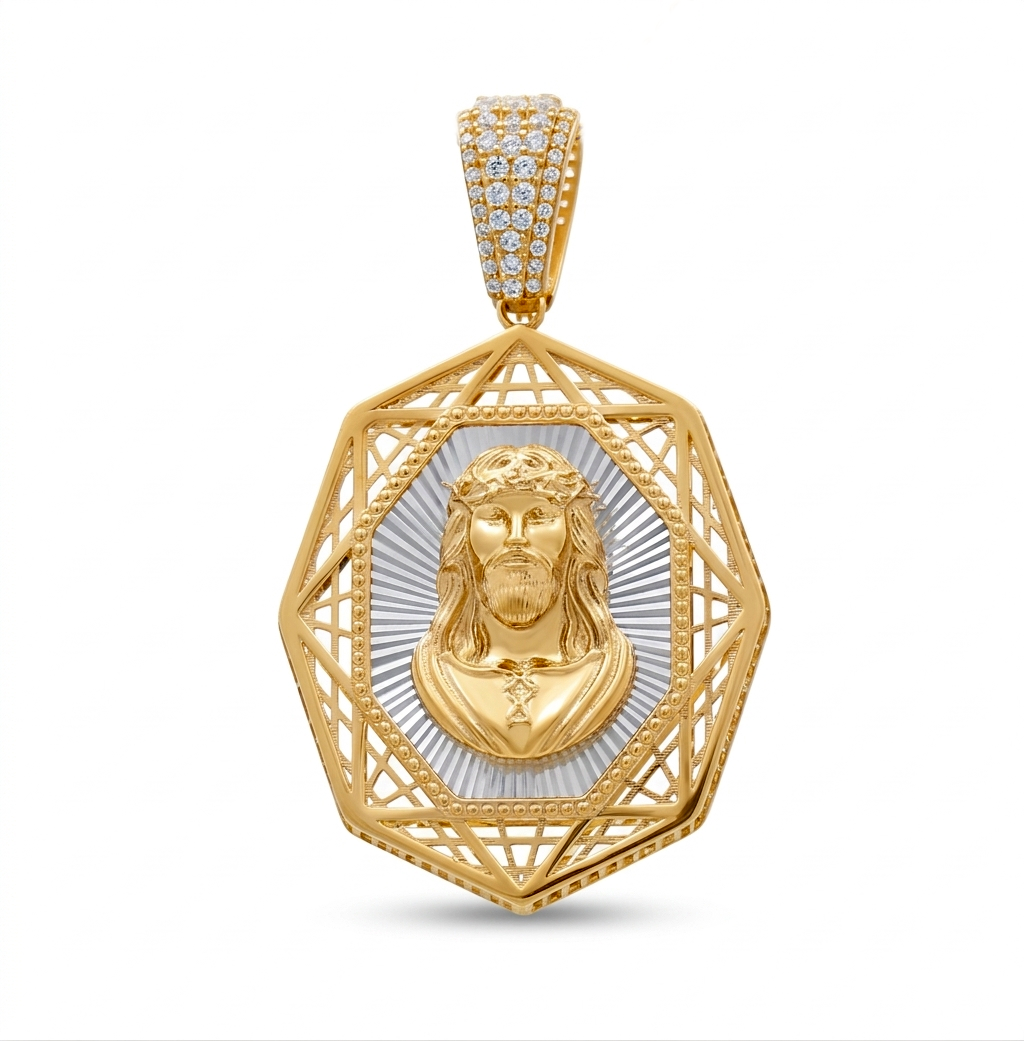 10K Yellow and White Gold Medal Pendant with Christ Image and Cz / Weight: 8.4 GR