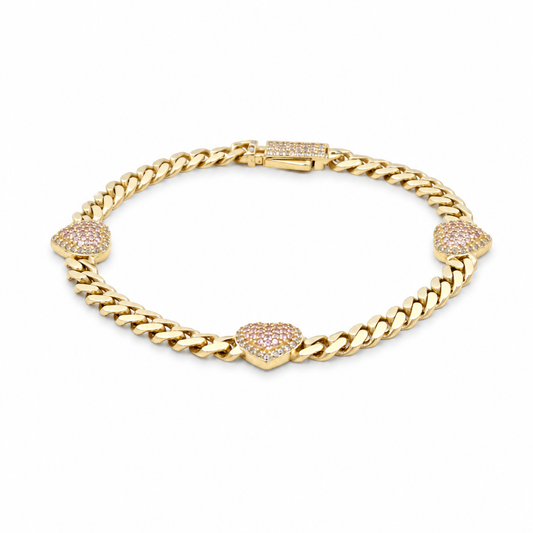 10K Yellow Gold Monaco Women's Bracelet with Three Pink Hearts / CZ / Size: 5mm 7.5" / Weight: 6.8 GR