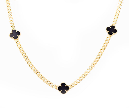 10K Yellow Gold Monaco Women's Necklace With Three Black Clover and Cz / Size: 17.5" / Weight: 13.3 GR / CQNK0MONCLV