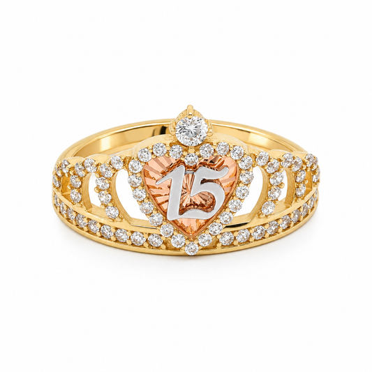14K Yellow and White Gold Quinceanera Women's Ring with Cz / Size: 7 / Weight: 3 GR / LLBWRTT4-15