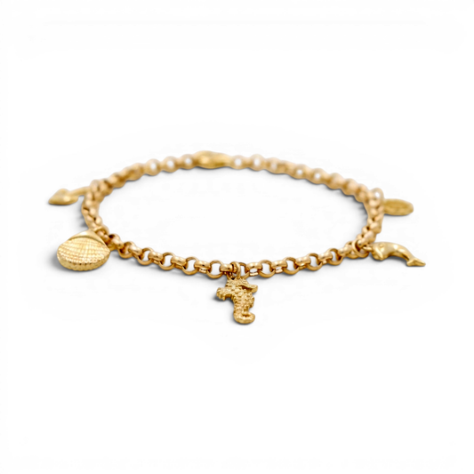 10k Yellow Gold Rolo Women's Bracelet with Marine Hanging Charms / Size: 7.5" / Weight: 4.2 GR / DQWB0RL-2