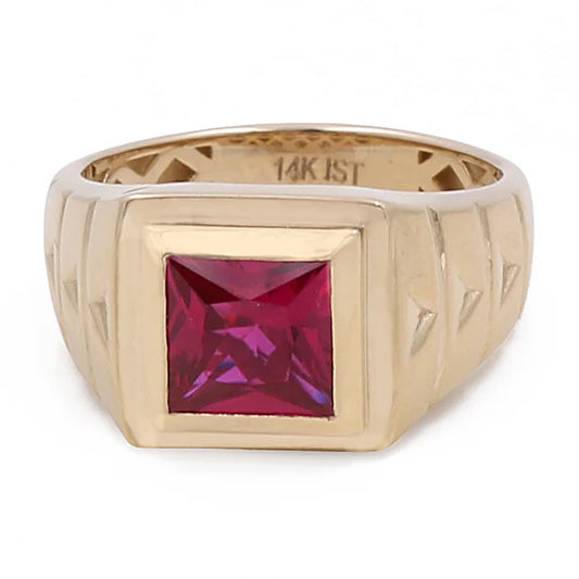 14K Yellow Gold Cuadrado Men's Ring with Red Cz / Size 10.5 / Weight 6.3gr / BOMR4FS-32