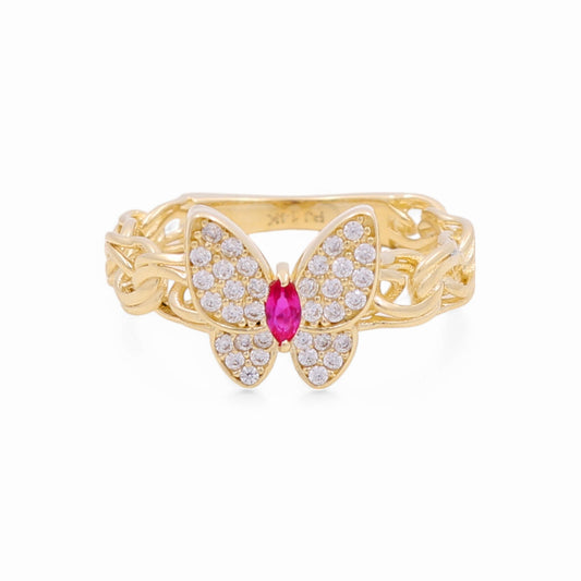 14K Yellow Gold Butterfly Women's Ring With  Pink Cz / Size: 8 / Weight: 2.9 GR / CPWR4BF