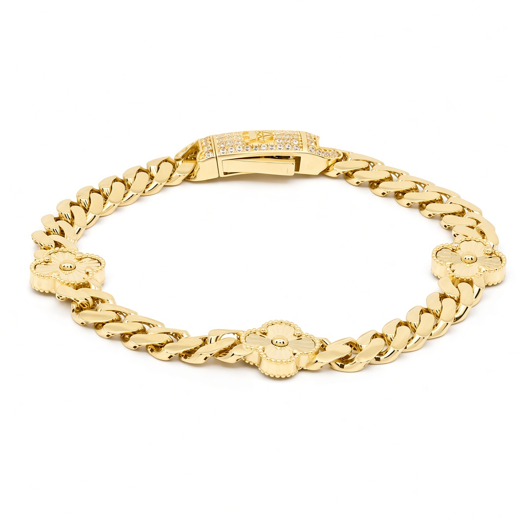 10K Yellow Gold Monaco Bracelet with Clover / Size: 7.5" / Weight: 11.4 GR / DOWB0MONCLV