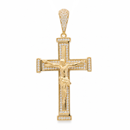 14K Yellow Gold Cross Pendant with Christ and Cz Stones / Size: 2.20"x11.12" / Weight: 7.5 GR