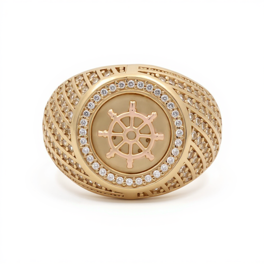 14K Yellow and Rose Gold Ship Rudder Men's Ring with Cz / Size 12 / Weight 8.3 GR / DOMRTT4FS-1