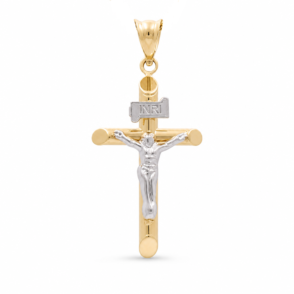 14K Yellow Gold Two Tone Cross with Christ Pendant / Size: Small / Weight: 0.9 GR / 139-03492