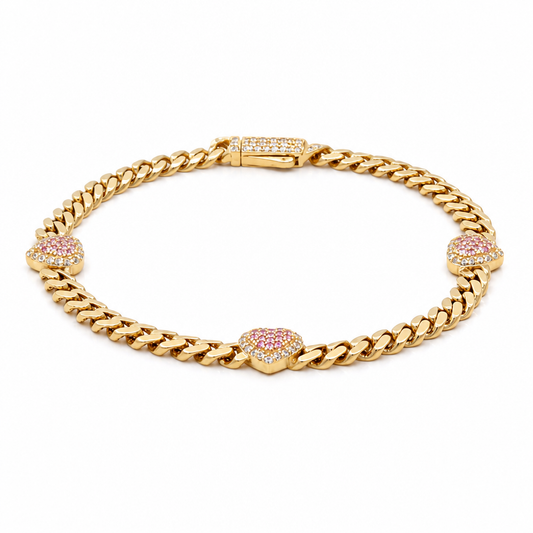 10K TF Yellow Gold Women's Pink Heart Bracelet With Cz / Size: 7.5" / Weight: 5.1 GR
