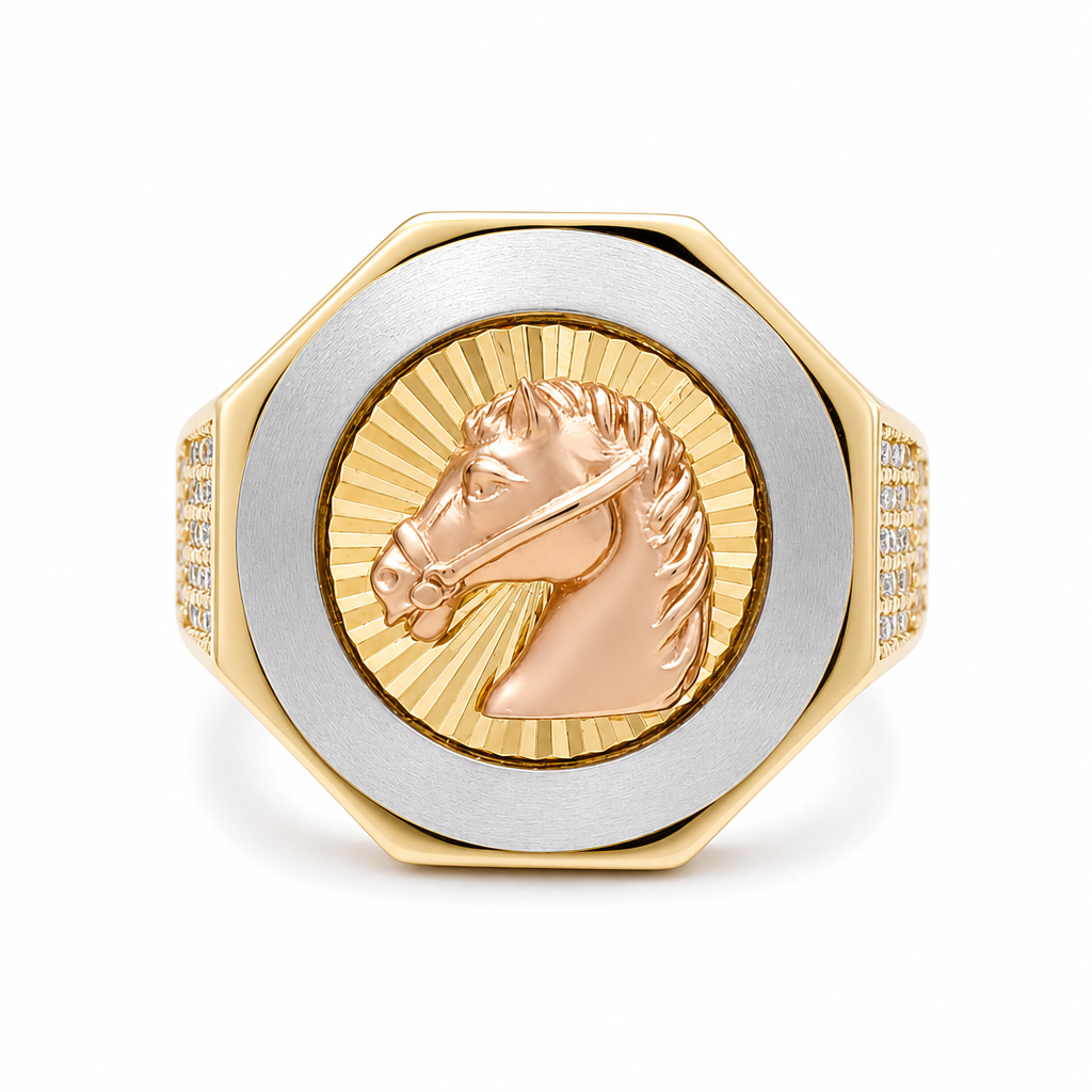 14K Yellow, White and Rose Horse Men's Ring with Cz / Size: 9.5 / Weight: 9.1 GR