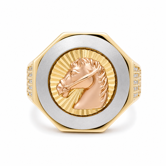 14K Yellow, White and Rose Horse Men's Ring with Cz / Size: 9.5 / Weight: 9.1 GR