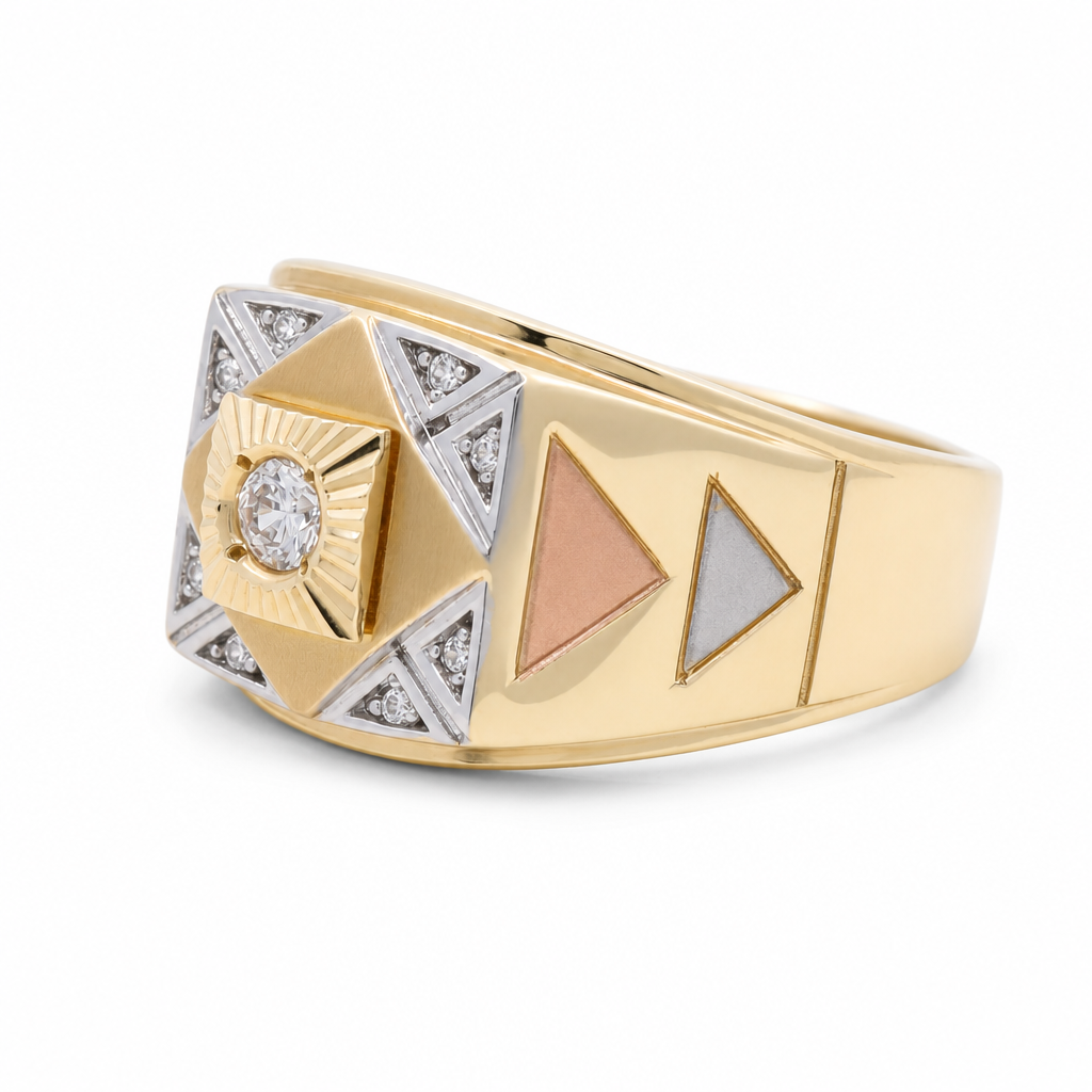 14K Yellow, White and Rose Gold Fashion Men’s Ring with Cz / Size 10 / Weight: 7.9 GR