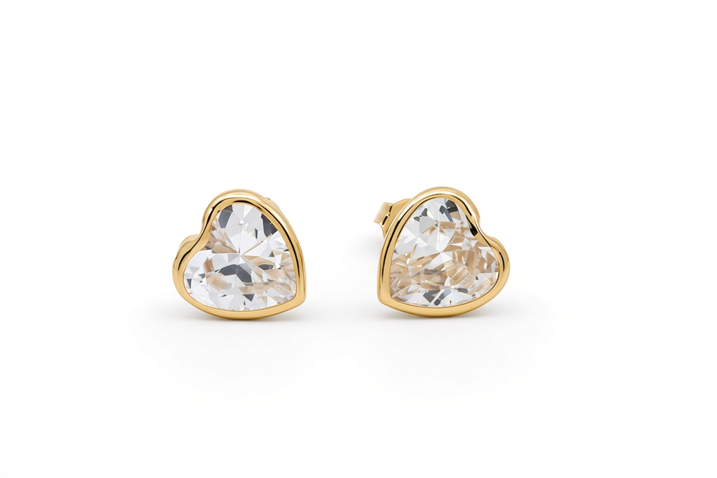 14K Yellow Gold Fashion Heart Stud Earrings with Cz Stone / 6-523501PS8