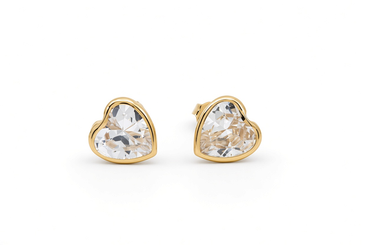 14K Yellow Gold Fashion Heart Stud Earrings with Cz Stone / 6-523501PS8