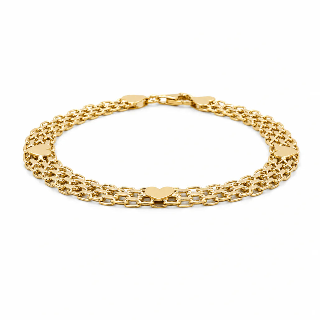 10K Yellow Gold Bismark Women's Bracelet with Hearts / Size: 7.5” / Weight: 6.2GR / DQWB0HR-9