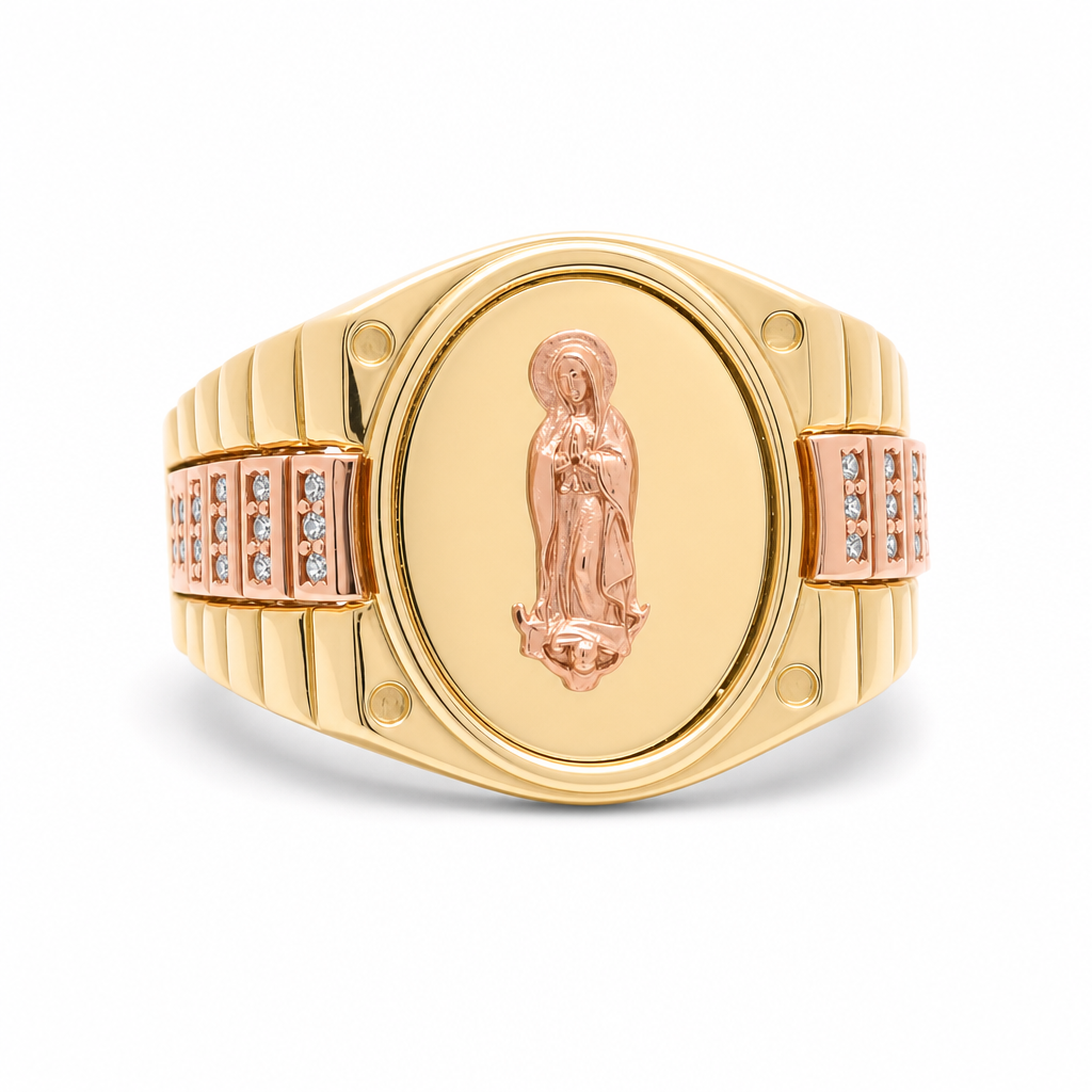14K Yellow and Rose Virgen de Guadalupe Men's Ring with Cz /  Size: 10 / Weight 9.3 GR