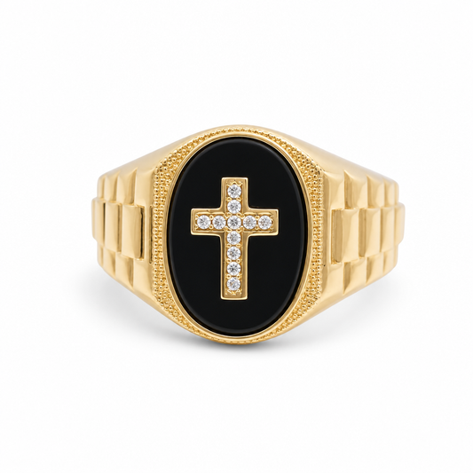 14K Yellow Gold Oval Men's Ring with Cross and Onyx / Stone: Cz / Size:11  / Weight: 6.3 GR