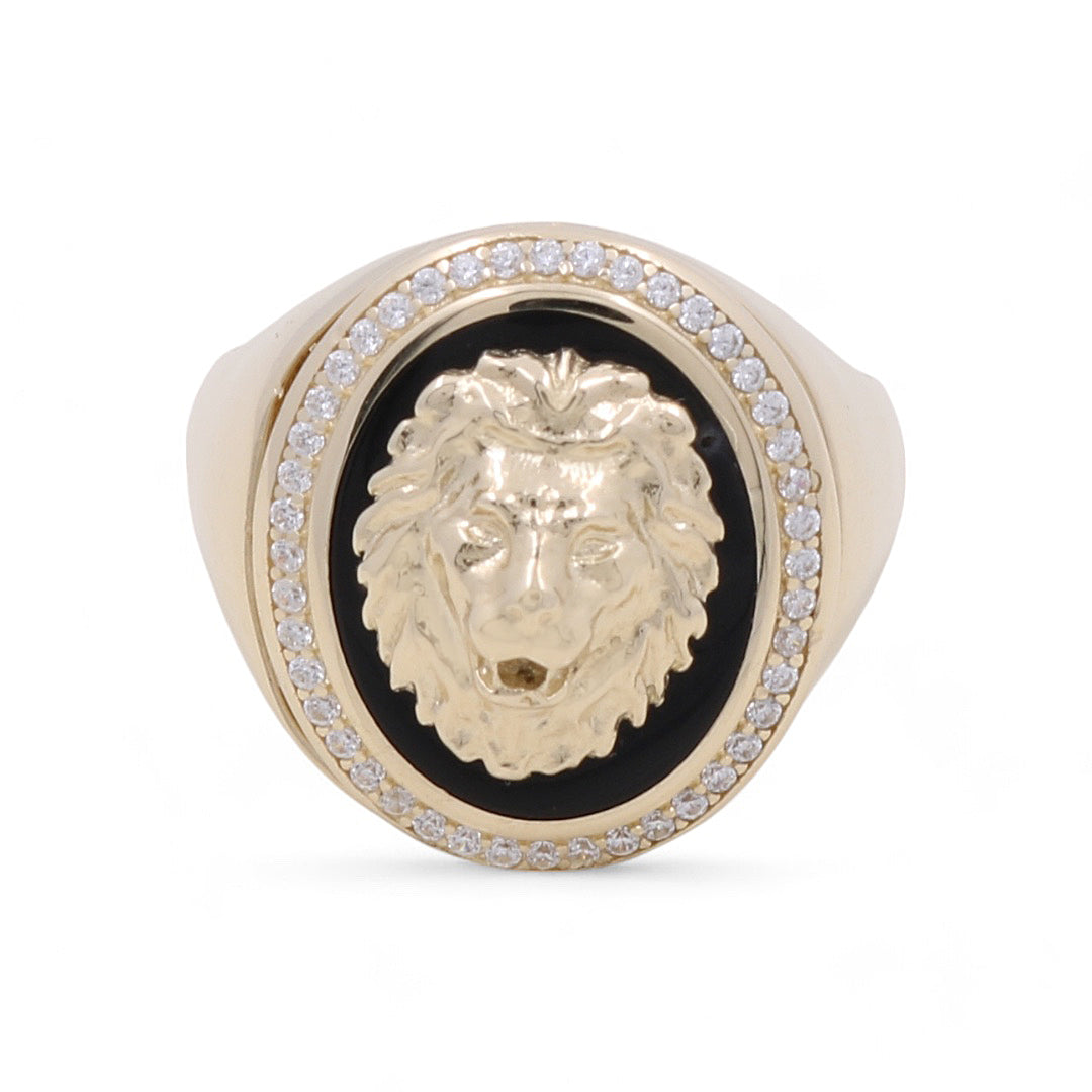 14K Yellow Gold Men’s Lion Head Ring / CZ / Black Enamel / Size 9 / Weight: 10.4 GR COMR4LN