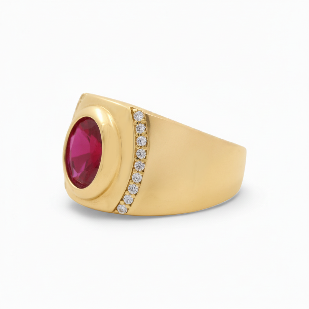 14K Yellow Gold Men’s Red Stone Ring / Stone: Cz / Size 12 / Weight: 9 GR / COMR4FS-56