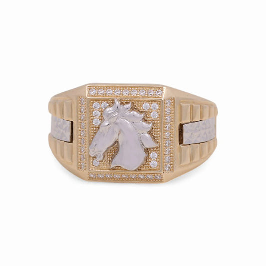 COMR4SQTTHRCZ 14k C Cz Size 10sz Weight 8.3gr Two Tone Cuadrado Horse Mens Ring with Cz