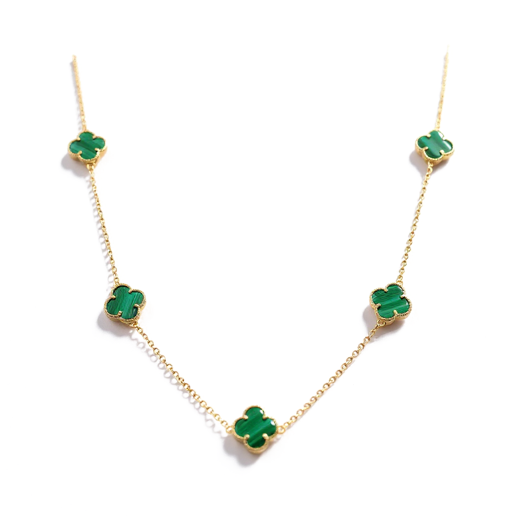 Collar de siete tréboles verdes para mujer de oro amarillo 10K / Medida: 18” / Peso: 7.6 GR / BQNK0CLV-2