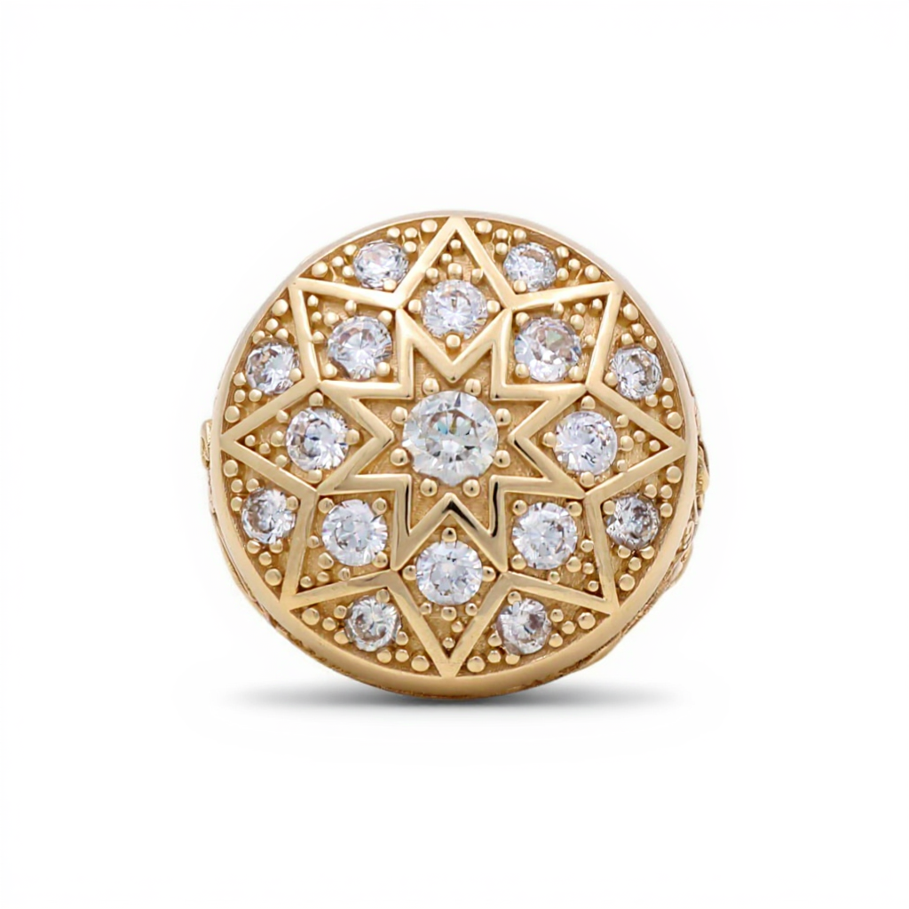 14K Yellow Gold Men’s Ring RD Rosetta Style with Star and White Stones / Size 10.5 / Weight: 16.8 GR