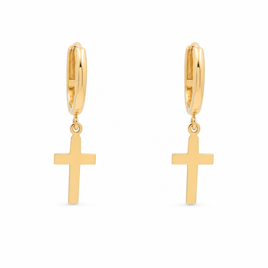 14K Yellow Gold Plain Hoops Earrings with Hanging Cross / 1403000