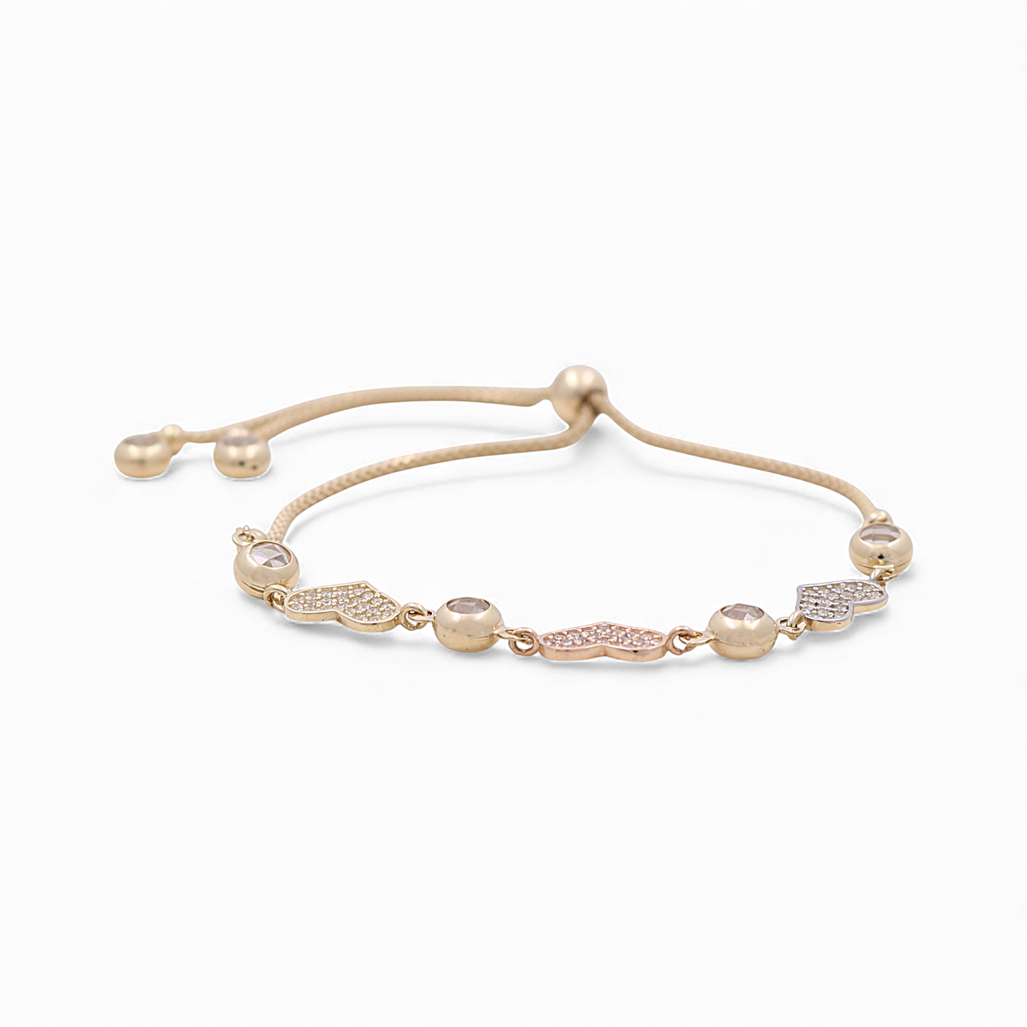 14k Yellow, White and Rose Gold Adjustable Hearts Women's Bracelet with Cz / Weight: 6.3 GR / CCFWB3T4HR
