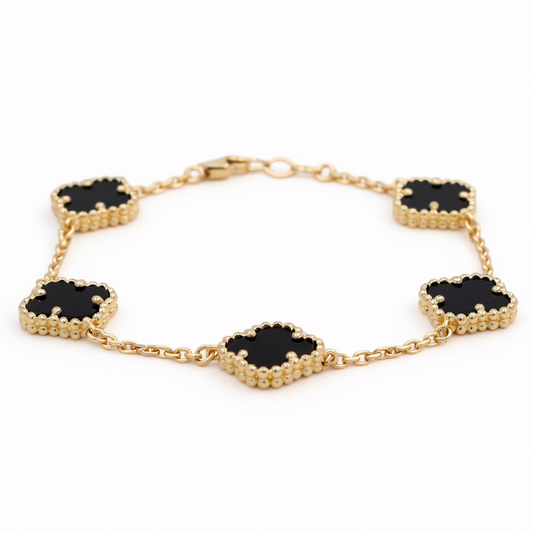 14K Yellow Gold Women's Bracelet with Five Black Clover / Size 7" / Weight 7.1 GR / BOWB4CLV-6