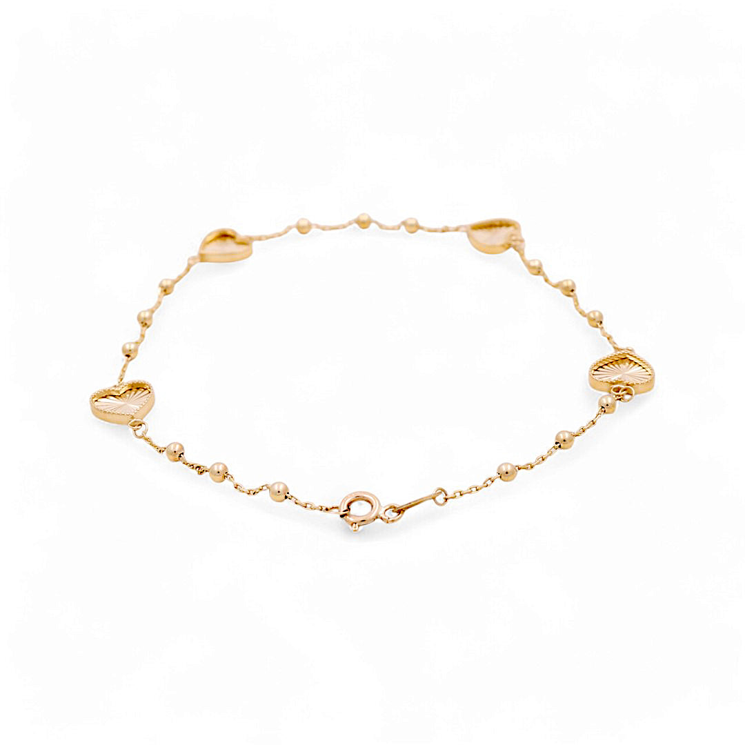 14K Yellow Gold Hearts and Balls Women's Anklet Bracelet / Size: 10" / Weight: 3.4 GR / ICAB4HRBLL