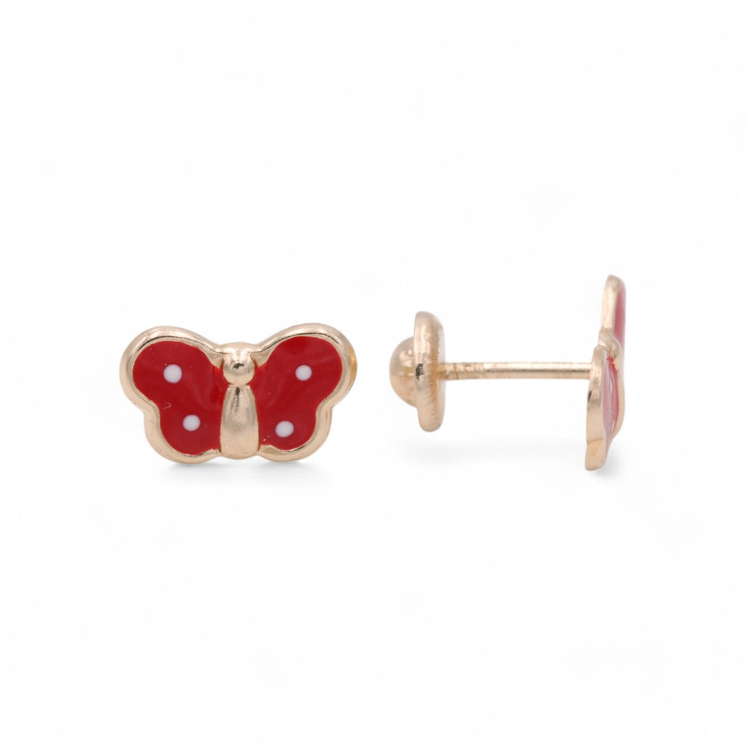 14k Yellow Gold Red Butterfly Stud Earrings / 6-602301P