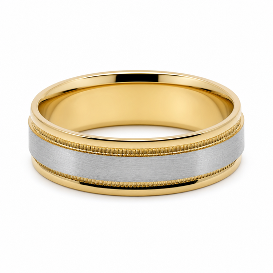 14K Yellow and White Gold Men's Wedding Band With Design / Size: 10 / Weight: 6 GR / WBEEMWBTT4DS-2