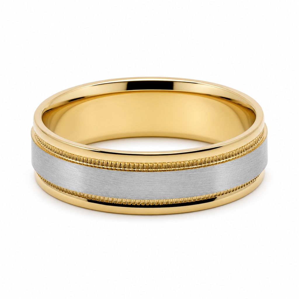 14K Yellow and White Gold Men's Wedding Band With Design / Size: 10 / Weight: 6.2 GR / WBEEMWBTT4DS-2