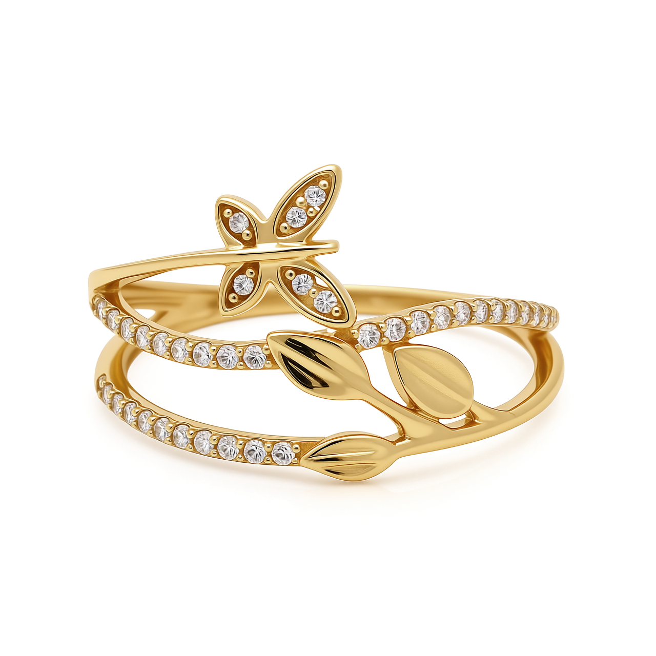 14K Yellow Gold Butterfly with Leaves Women's Ring with Cz / Size: 7.5 / Weight: 2.2 GR / CEEWR4BT-3