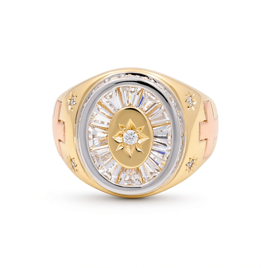 14K Yellow, White and Rose Gold Fashion Men's Ring with Cross and Cz / Size: 10 / Weight: 8.8 GR / KEEMR3T4FS-1